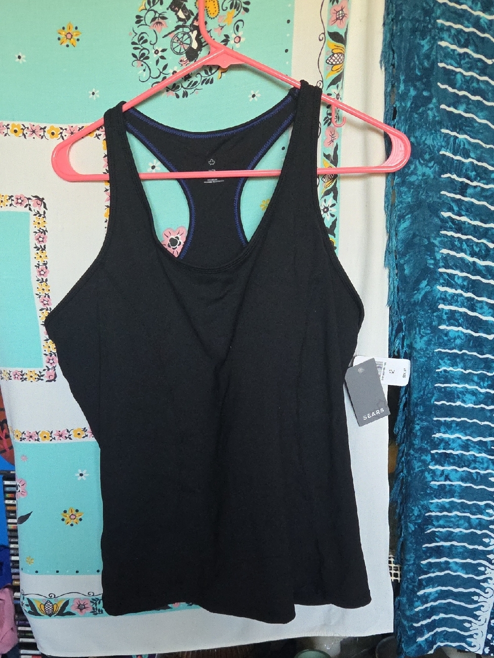 Sears Black Racerback Tank with Blue Trim